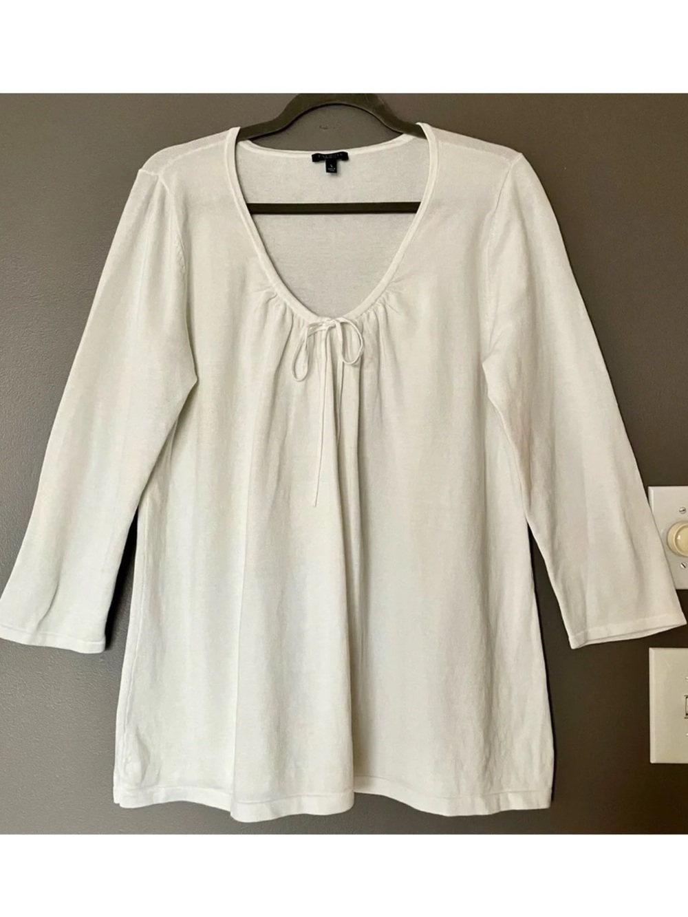 Talbots Drawstring Neckline 3/4 Sleeve Sweater Tunic Top in White Size L EUC